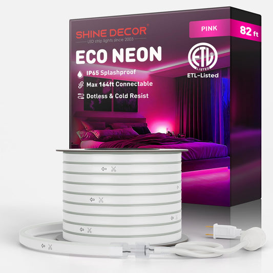 Shine Decor LED Neon Rope Lights, 82FT Pink Waterproof Strip, 120LEDs/M, Flexible AC 110V/120V, Connectable for Home & Commercial