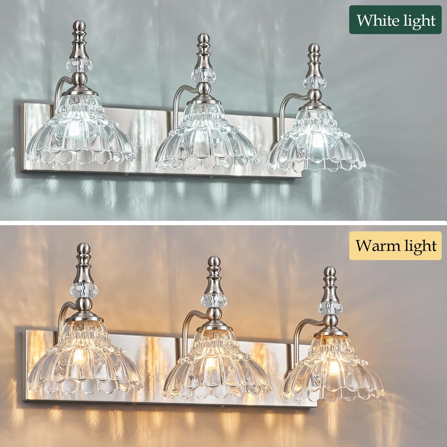 Lbsqj Vintage Bathroom Vanity Light  3-Light Brushed Nickel Vanity Lighting Fixture With Flower Glass Shade  Bathroom Lighting Fixtures Over Mirror