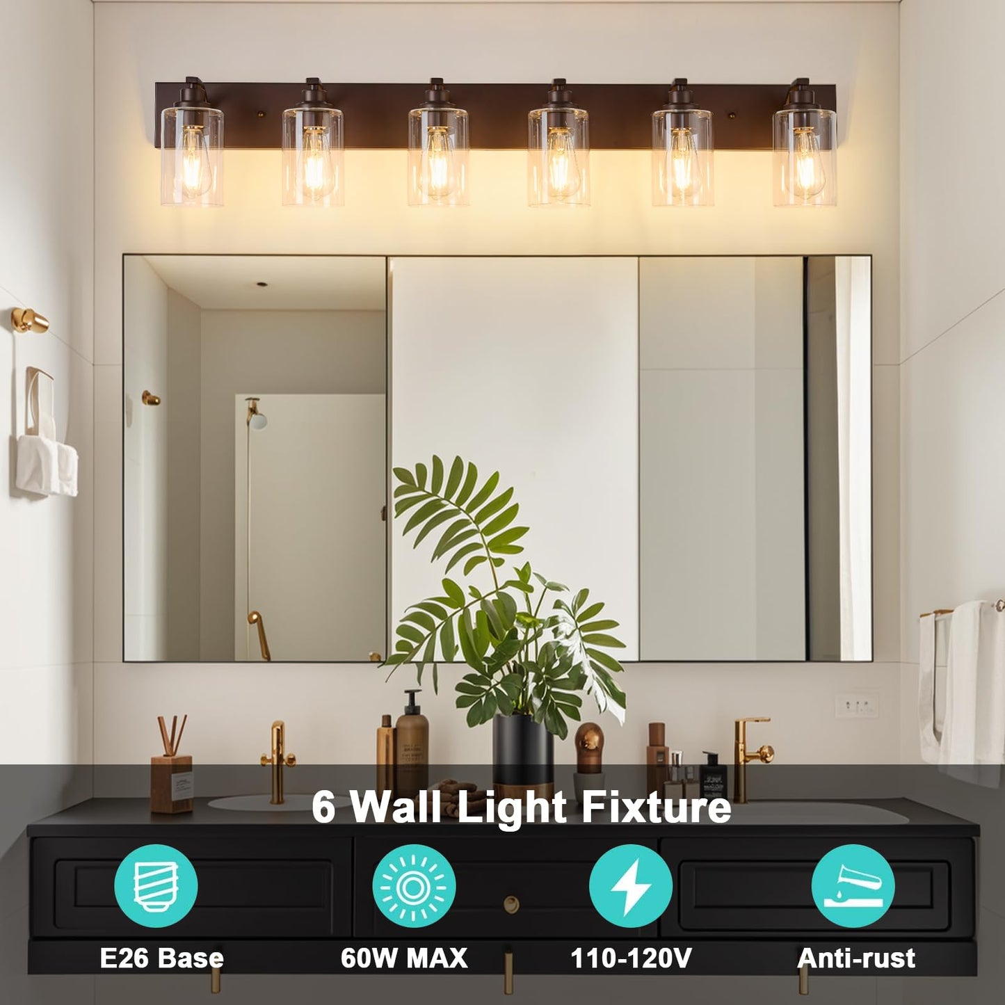 Alaislyc 6-Light Bathroom Light Fixtures Modern Orb Vanity Lights For Bathroom Lighting Fixtures Over Mirror With Clear Glass Shade For Cabinet Mirror Bedroom Hallway