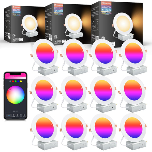Lumary 6 Inch Ultra-Thin Smart Recessed Lighting  13W 1000Lm Rgbww Smart Wafer Lights With Junction Box  Compatible With Alexa/Google Assistant/Bt Remote  Etl Listed  12 Pack