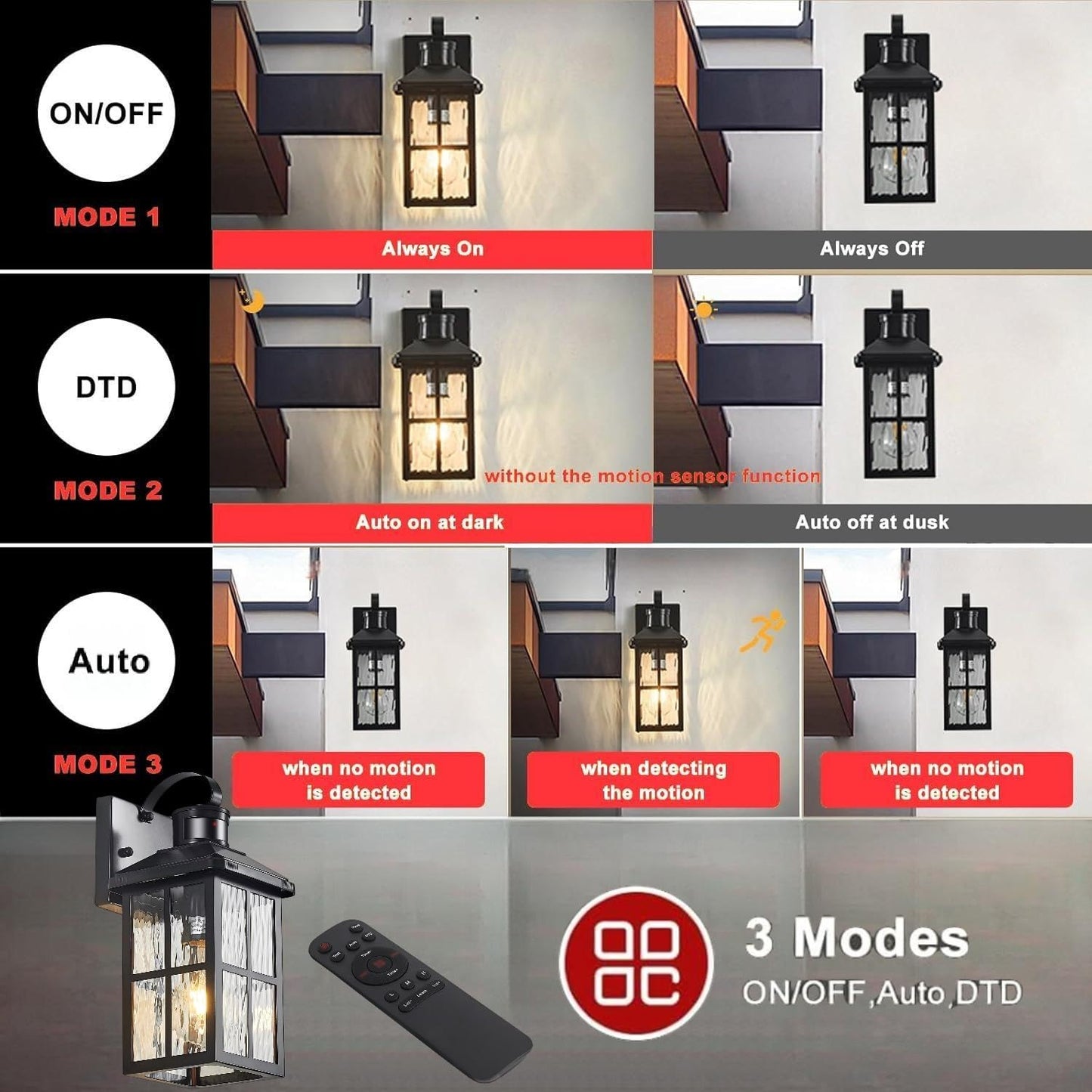 Yjxgdil Porch Lights Outdoor With Remote Control: 2 Pack Motion Sensor Exterior Lighting Fixtures Intelligent 3 Lighting Modes Outdoor Wall Lights Sconce Lights For House Patio Front Door Garage