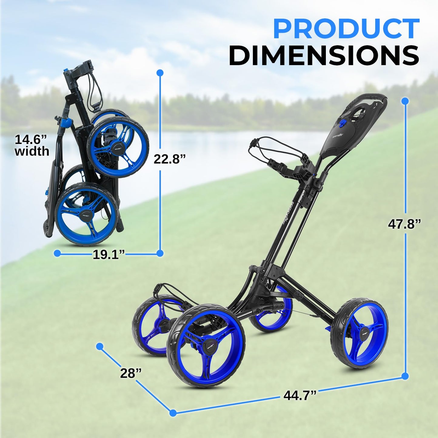 SereneLife 4 Wheel Golf Push Cart, Durable Aluminum Frame Folding Golf Hand Cart with Adjustable Handle, Brakes, Storage Holder, Lightweight and Collapsible Design for Easy Transport