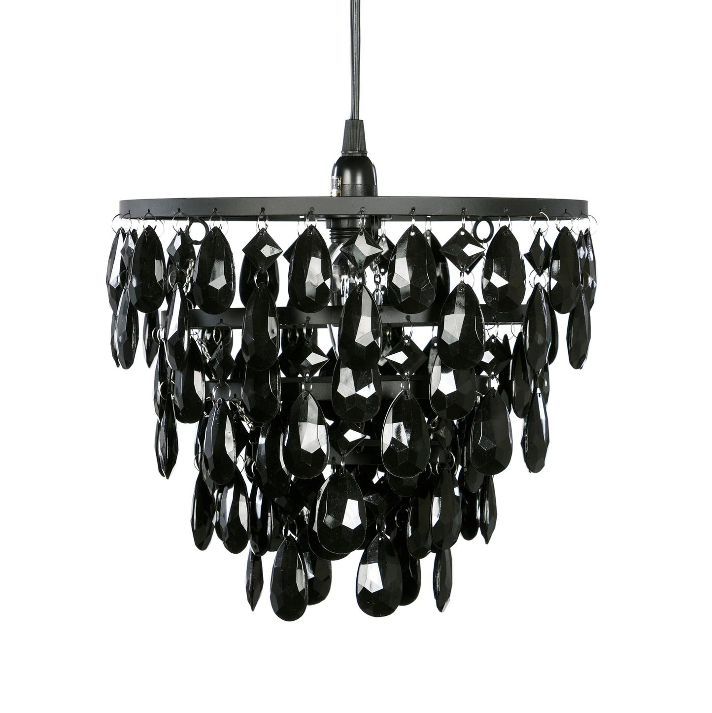 gypsy color Plug-in Chandelier, 1 Light, Black Metal Frame, Five Tiers of Black Acrylic Crystals, Model GYDMBK, H10”xW11.5”