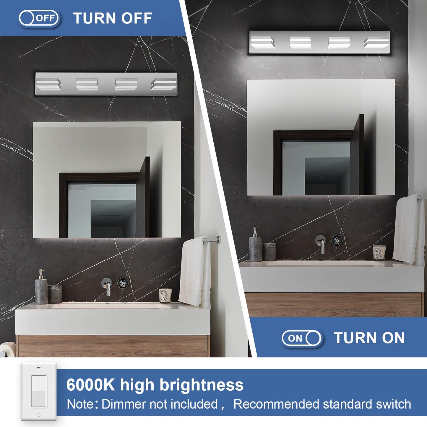 Jzekvn Modern Led Bathroom Lights Fixtures(4-Light) Stainless Steel Chrome Acrylic Wall Lighting Vanity Lights For Bathroom Over Mirror(6000K 27In