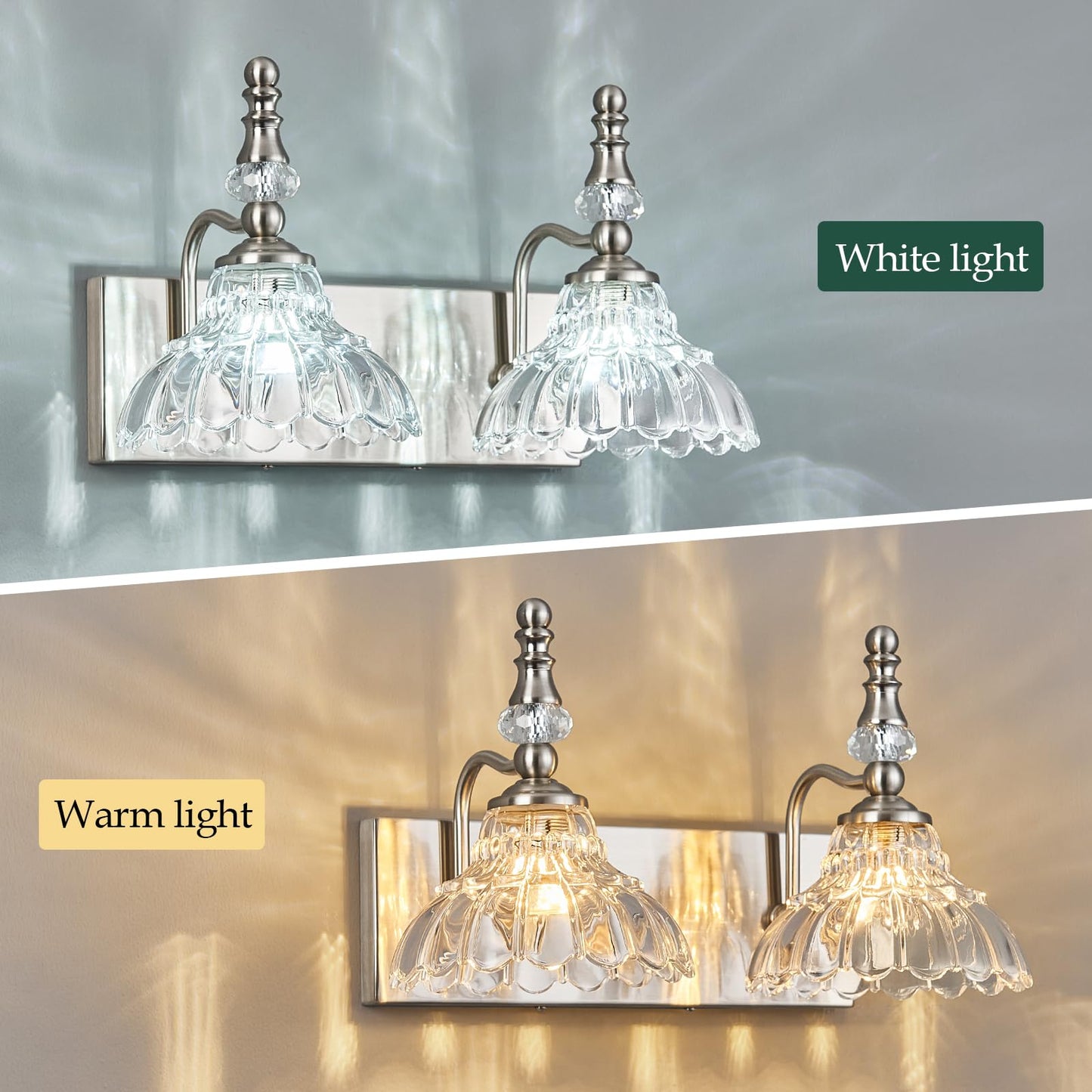 Lbsqj Vintage Bathroom Vanity Light  2-Light Brushed Nickel Vanity Lighting Fixture With Flower Glass Shade  Bathroom Lighting Fixtures Over Mirror