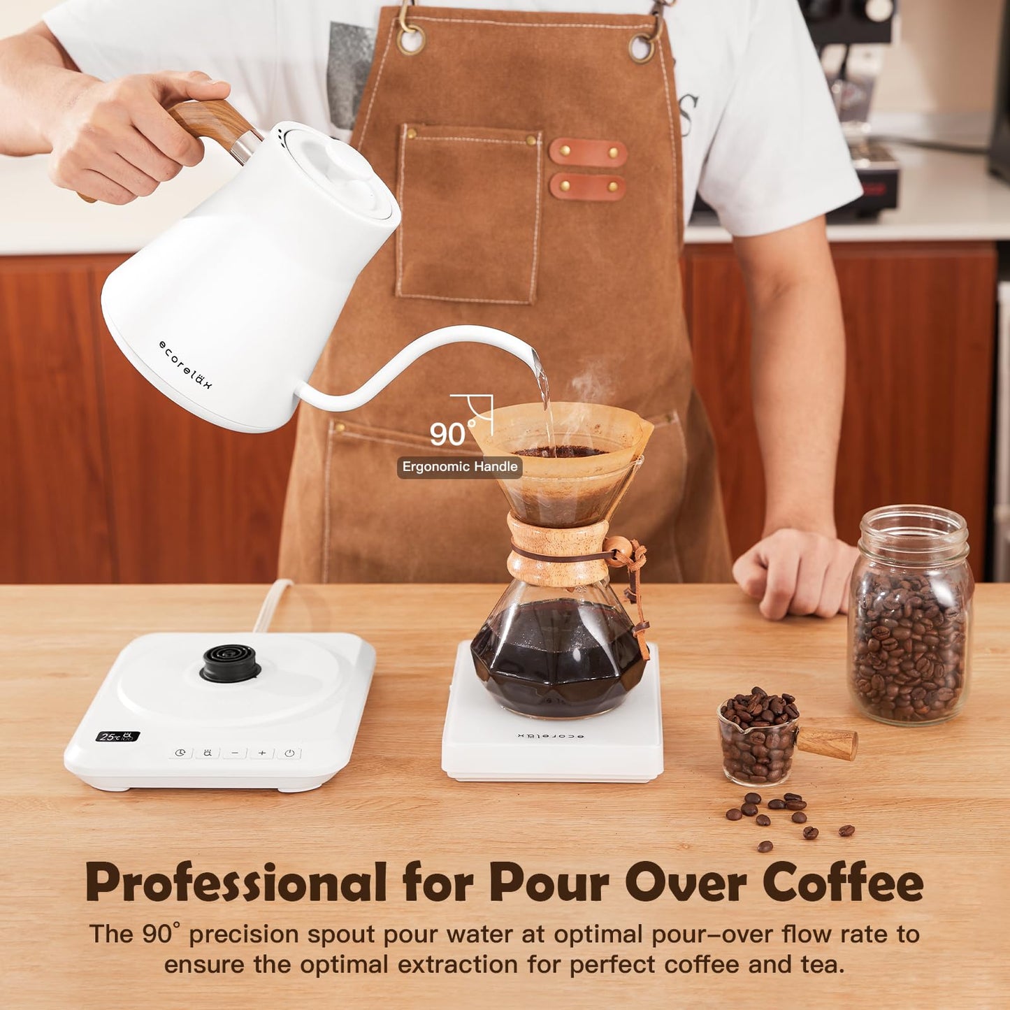 ECORELAX Gooseneck Electric Kettle, ±1℉ Temperature Control Pour Over Kettle for Coffee, Tea & Water, Stainless Steel 1200 W Keep Warm OLED Display 1 L (White)