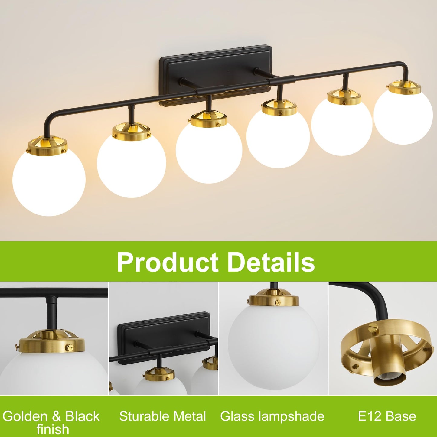 Deyidn Black Gold Bathroom Light Fixtures Over Mirror  Modern Vanity Lighting With Milk White Glass Globe Shades 6-Light Farmhouse Wall Sconce