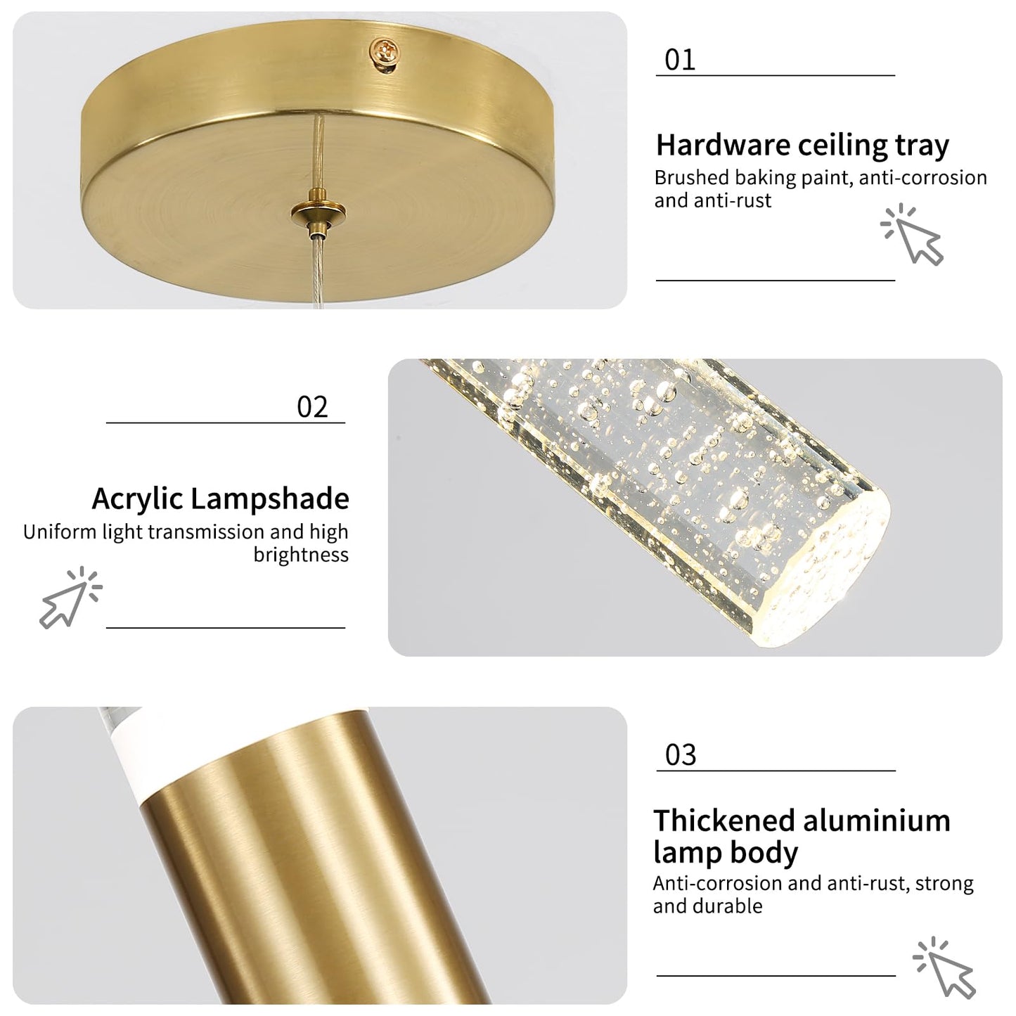 3 Pack Modern Kitchen Island Pendant Lights  Gold Bubble Crystal Ceiling Hanging Light  3 Color 2700K/4500K/6500K  Mini Linear Led Chandelier Lighting For Dining Room  Bedroom  Bar  Hallway  Bedside