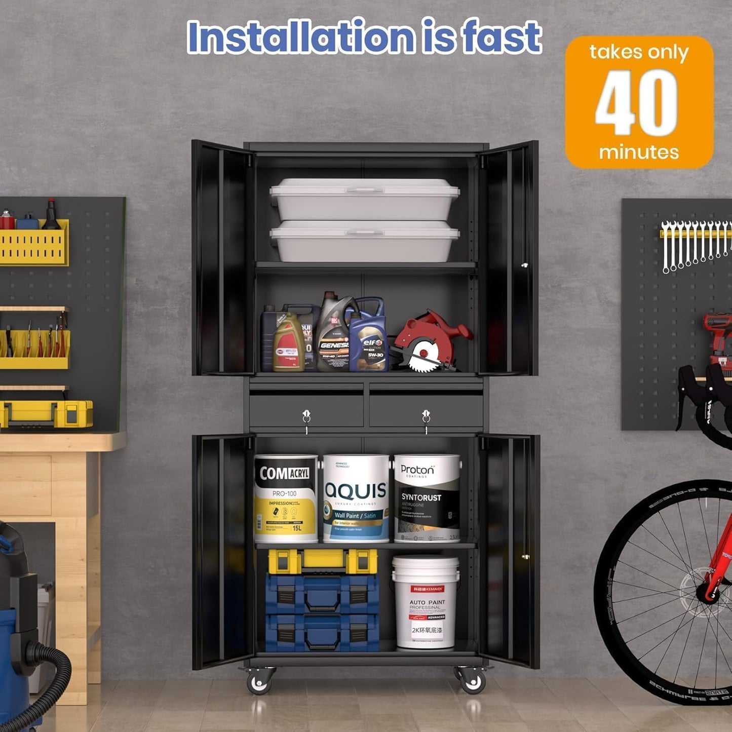 GarveeHome 73'' Metal Storage Cabinet, Heavy Duty Garage Storage with Wheels, Locking Doors and 2 Drawers, Adjustable Shelves, Black