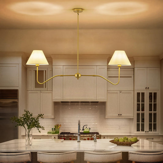 Jsdorsy 2-Light Gold Modern Linear Chandelier  55 Inch Farmhouse Kitchen Island Lighting With White Fabric Shades  Dining Room Light Fixtures For Living Room Bedroom  Height Adjustable