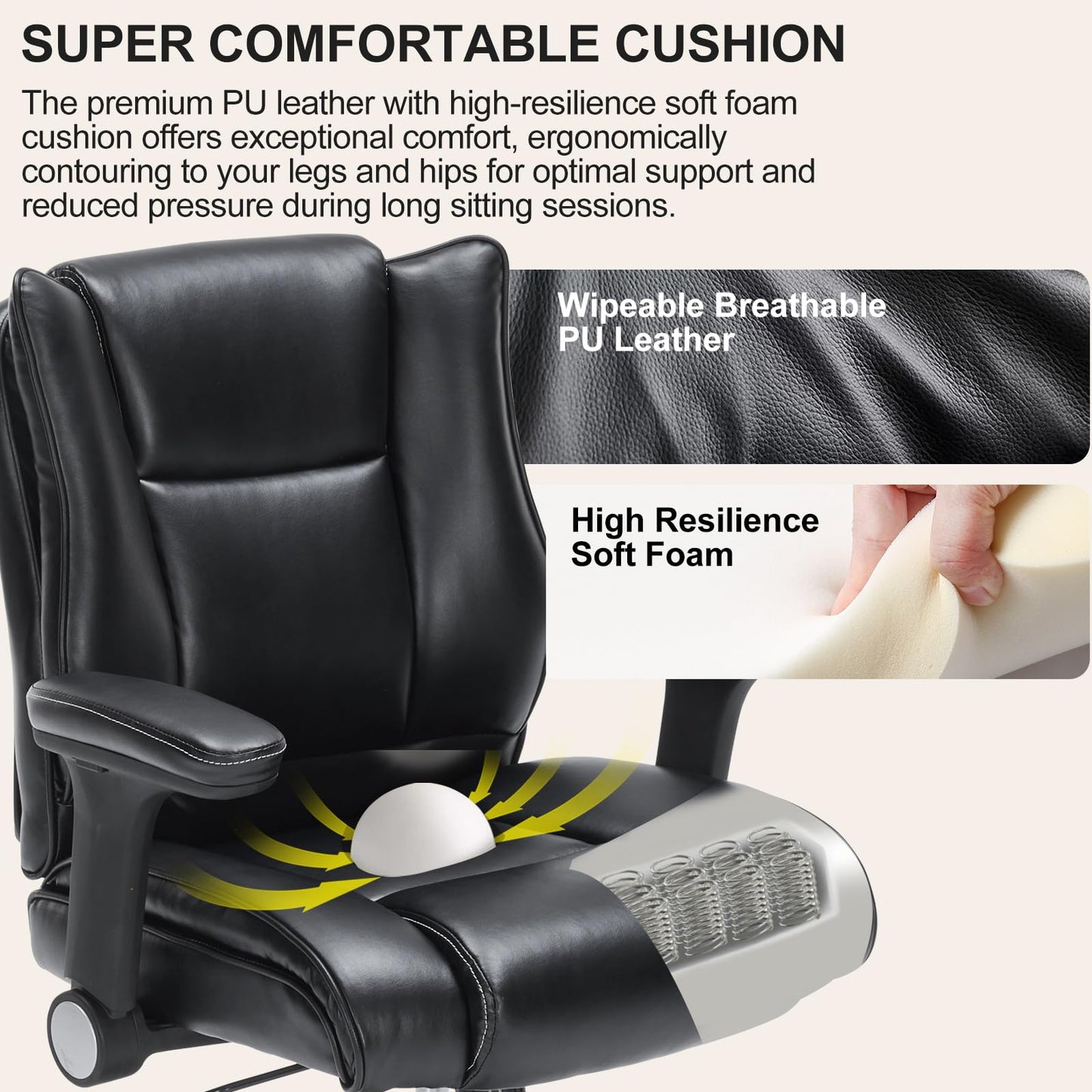 OLYFING Drafting Chair, Tall Office Chair with Padded Adjustable Arms and Footring PU Leather Standing Desk Chair with Extra Thicken Seat Cushion, Comfy High Office Chair for Counter Height Desk