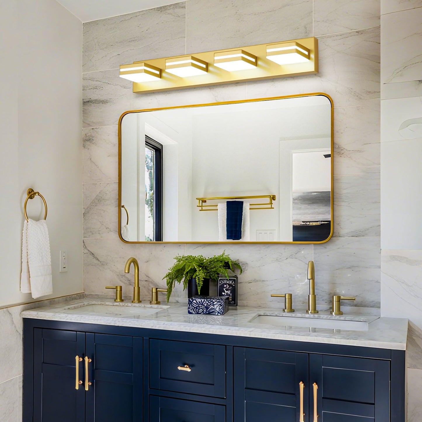 Jzekvn Modern Led Bathroom Lights Fixtures(4-Light) Metal Gold Acrylic Wall Lighting Vanity Lights For Bathroom Over Mirror(6000K 27In
