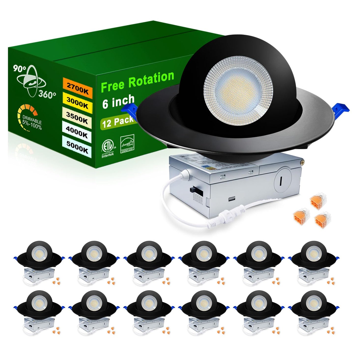 Zouzai 6 Inch 5Cct Gimbal Black Led Recessed Lights  360+90 Adjustable Directional Recessed Lighting  2700K-5000K Dimmable Retrofit Eyeball Can Lights With Jbox  Etl&Energy Star(Black 12 Pack)