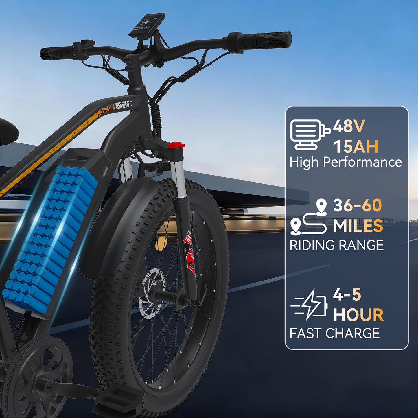 Electric Bike for Adults丨1500W Peak Power丨20 MPH,60+Miles丨48V 15Ah Removable Battery丨26''Fat Tires丨7-Speed Gears丨Dual Shock Absorbers丨 High Carbon Steel. Adaptive Cruise Control.