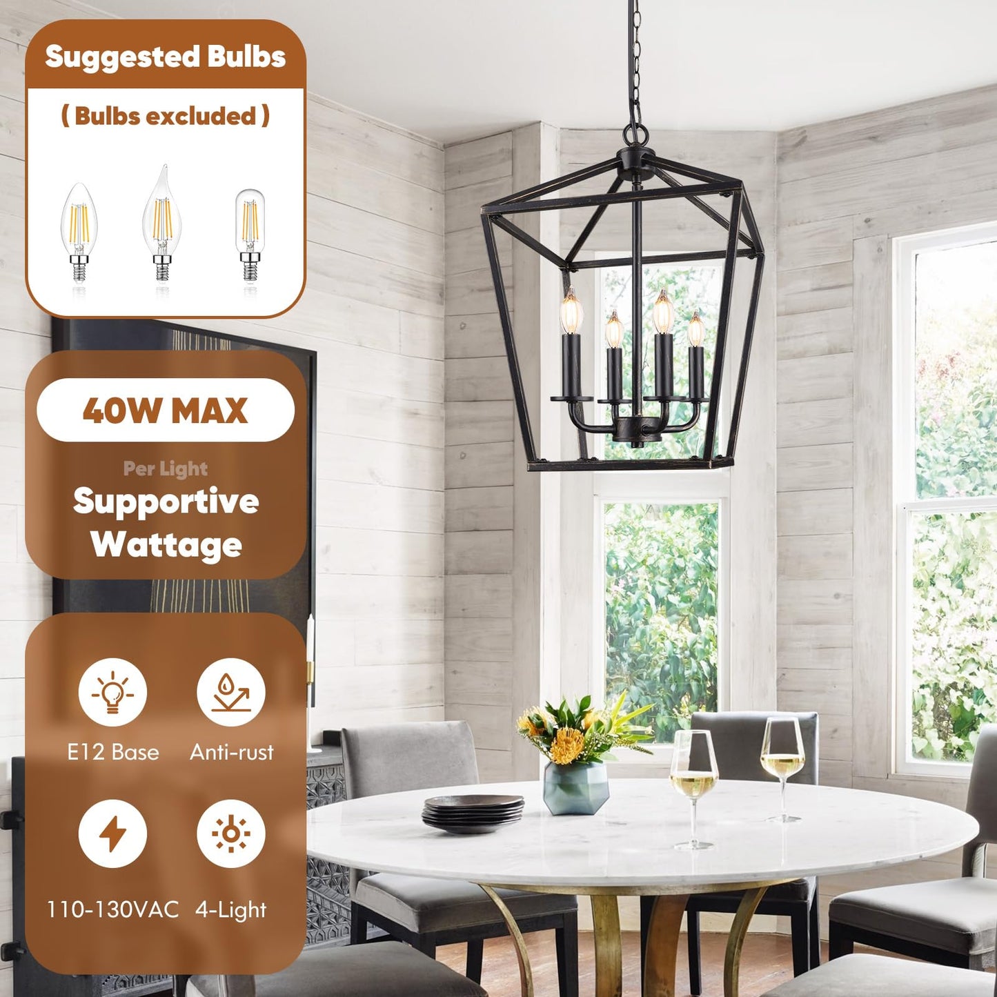 Farmhouse Chandelier 4-Light  Black & Gold Pendant Light Fixture For Kitchen Island Dining Room  Lantern Industrial Lighting Ceiling Hanging With Metal Cage Adjustable Height For Entryway Foyer