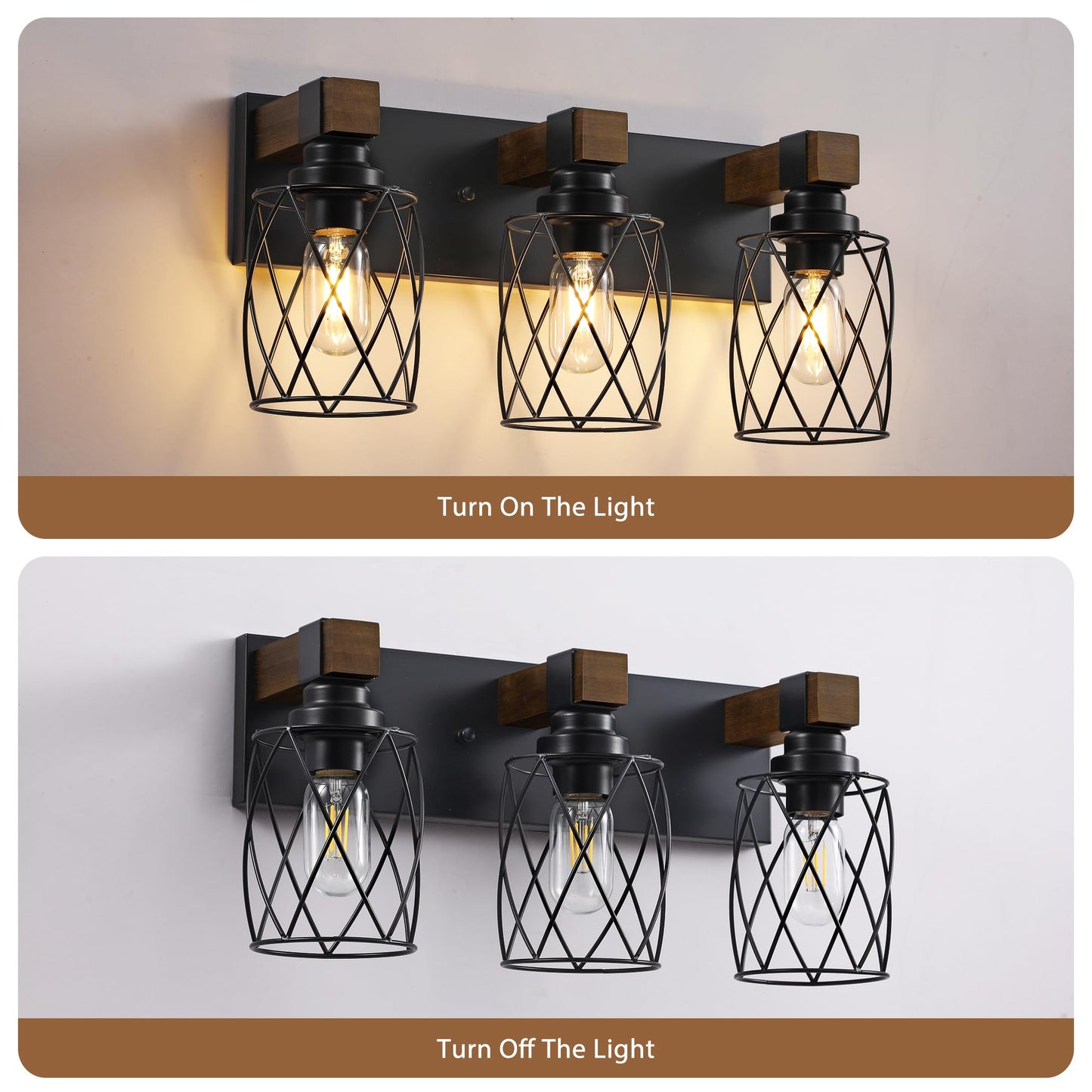 Xvmbvm Farmhouse Bathroom Vanity Light  3-Light Wood Bathroom Light Fixtures Over Mirror  Black Industrial Vanity Lights With Metal Shade  Rustic Bathrooms Lighting For Living Room  Bedroom  Hallway