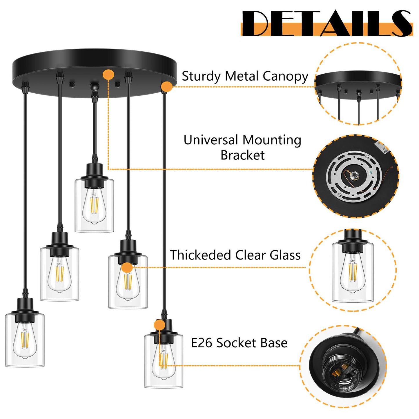 Licperron 5-Light Pendant Light Fixtures With Clear Glass Shades  Black Adjustable Kitchen Island Hanging Ceiling Light Fixtures  Modern Pendant Lighting E26 Base For Dining Room  Hallway  Living Room