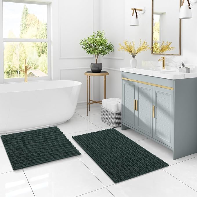 Arotive Luxury Chenille Bathroom Rug Mat, Extra Soft Thick Absorbent Shaggy Bath Rugs, Non-Slip Machine Wash Dry, Plush Bath Mats for Bathroom, Shower and Tub, 44x32, Dark Green