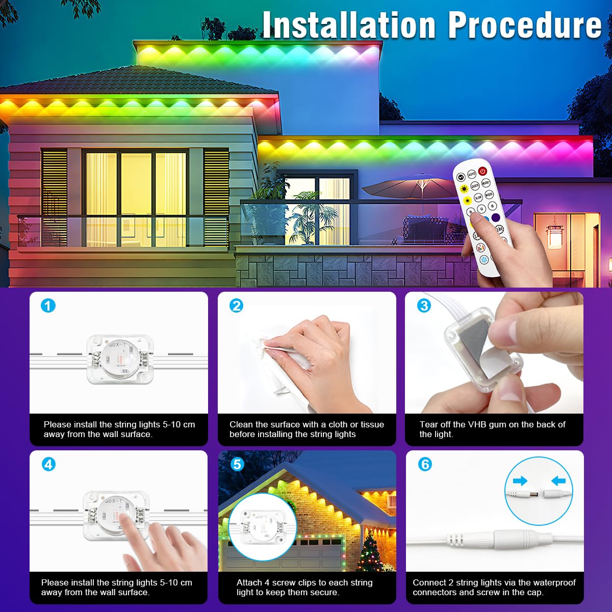 Yffshlcs Permanent Outdoor Lights  200Ft Outdoor String Light Smart Rgb With 72 Scene Modes  Ip67 Waterproof Holiday Lights For Outside  App And Remote Control Party Holidays