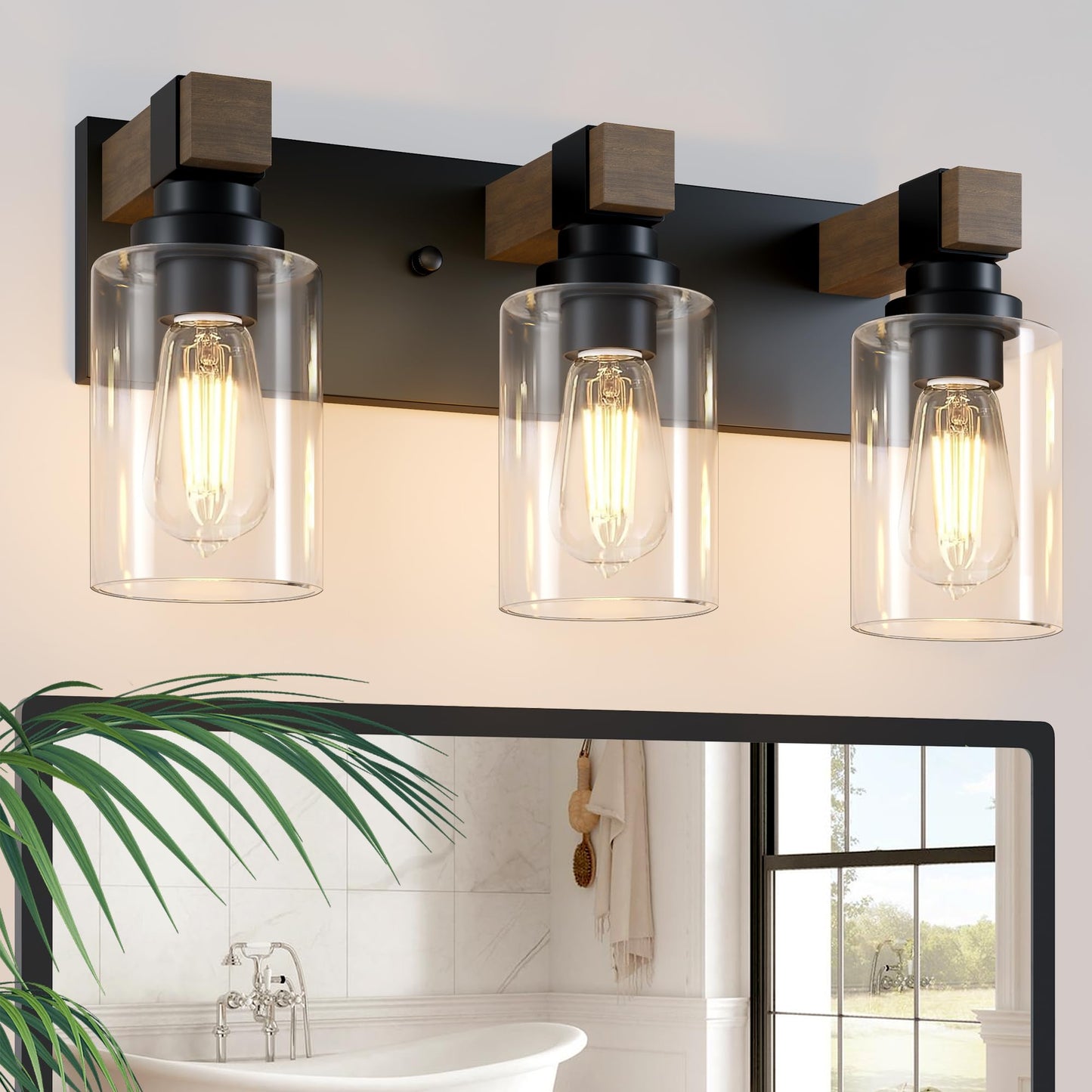 Farmhouse Bathroom Vanity Light Fixtures  Rustic 3-Light Wood Vanity Lights For Bathroom  Vintage Black Wall Sconces Lighting  Light Fixtures Over Mirror  With Glass Shade