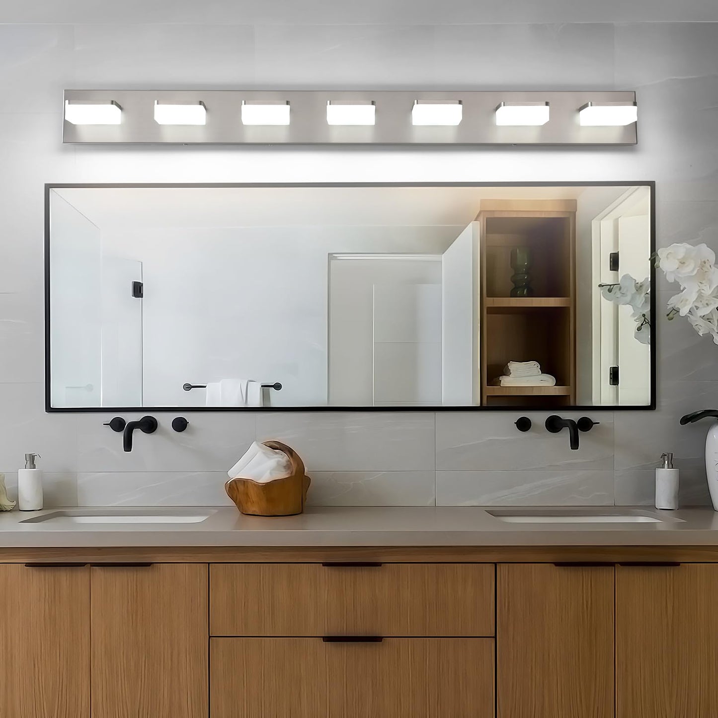 Bicrink 7-Light Bathroom Vanity Light Fixture Over Mirror  Nickel Led Vanity Lighting Fixtures  45.67 Inch Modern Bathroom Wall Light Fixtures With Rotating Lamp Head