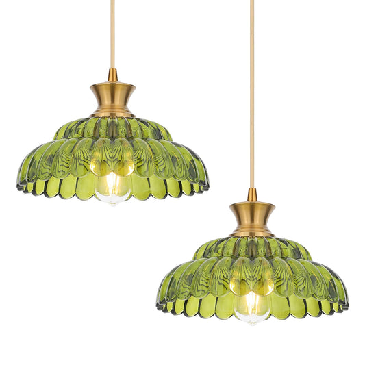 Mgcanyu 2Pack Glass Pendant Lights  11.8 Vintage Lighting Green Glass Light Fixtures Brushed Gold Modern Glass Chandelier Hanging Ceiling For Kitchen Island Dining Room Restaurant Foyer Entryway