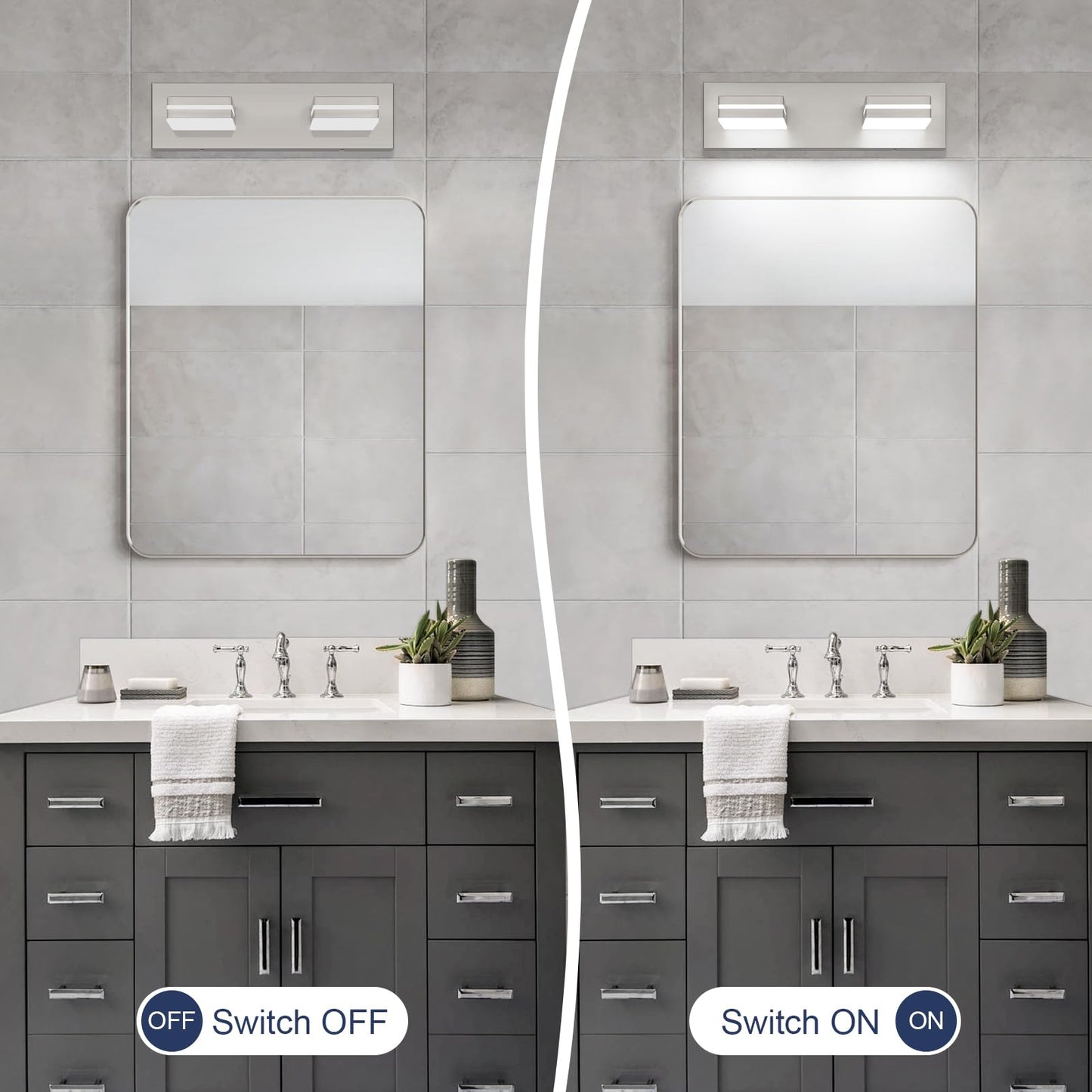 Sinerise Led Modern Bathroom Vanity Light Fixtures (2-Light  15.5-Inch  Dimmable)  Brushed Nickel Modern Acrylic Bathroom Wall Lighting Fixtures Over Mirror (Cool White 6000K)