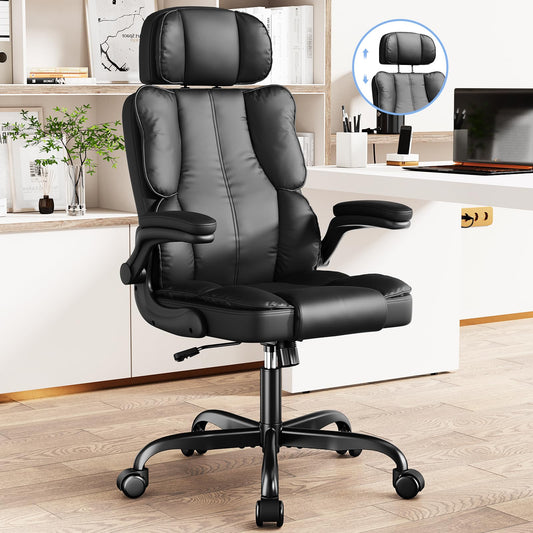Kensaker Executive PU Leather Office Chair, Computer Chair with Thick Cushion & Lumbar Support, Ergonomic Desk Chair with Adjustable Headrest & Armrests,Black