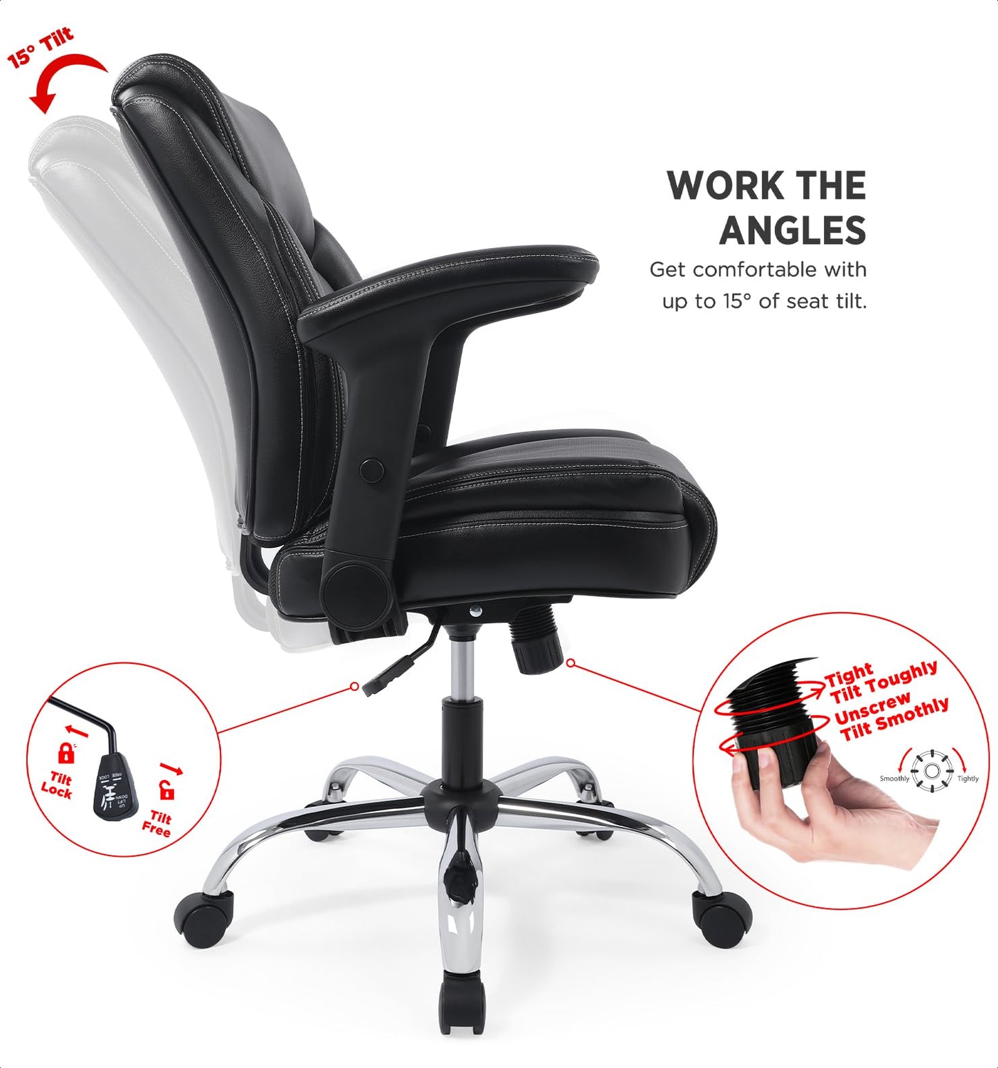 Ergonomic Heavy Duty Mid-Back Padded Bonded Leather Padded Adjustable-Height/Tilt Office Chair, Comfortable Swivel Computer Desk Task Office Stool with Functional Arms, Design for Sedentariness, Black