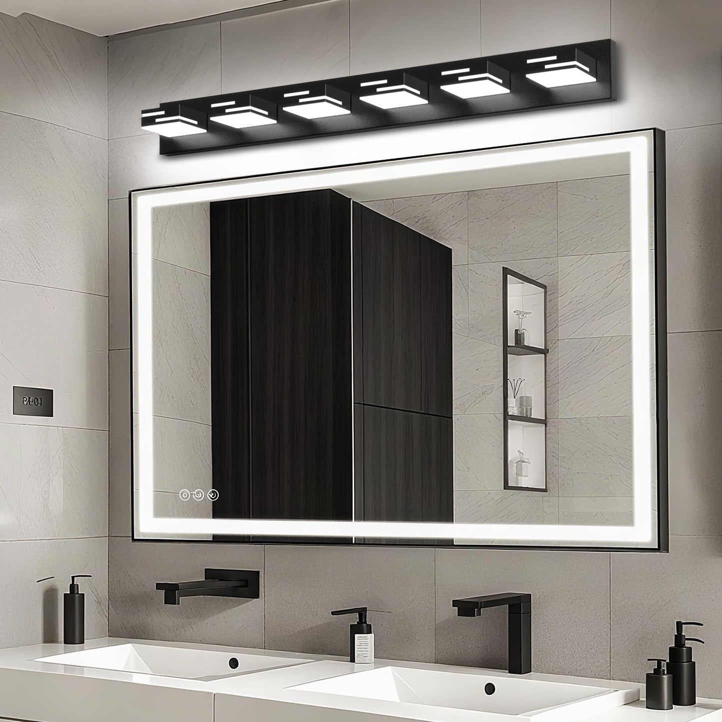 Lkhf Led Modern Bathroom Vanity Light Fixtures  6-Light 40-Inch Dimmable Matte Black Vanity Lights For Bathroom Lighting Fixtures Over Mirror  With 350?Rotatable Acrylic Heads (Cool White 6000K)