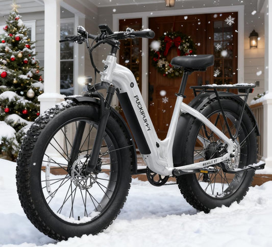 PUCKIPUPPY Electric Bike for Adults 960W, 26" Fat Tire, Step-Through Design Electric Mountain Hunting Bike, 48V 15AH Max 28MPH Off-Road Ebike with Rear Storage Shelf (White)