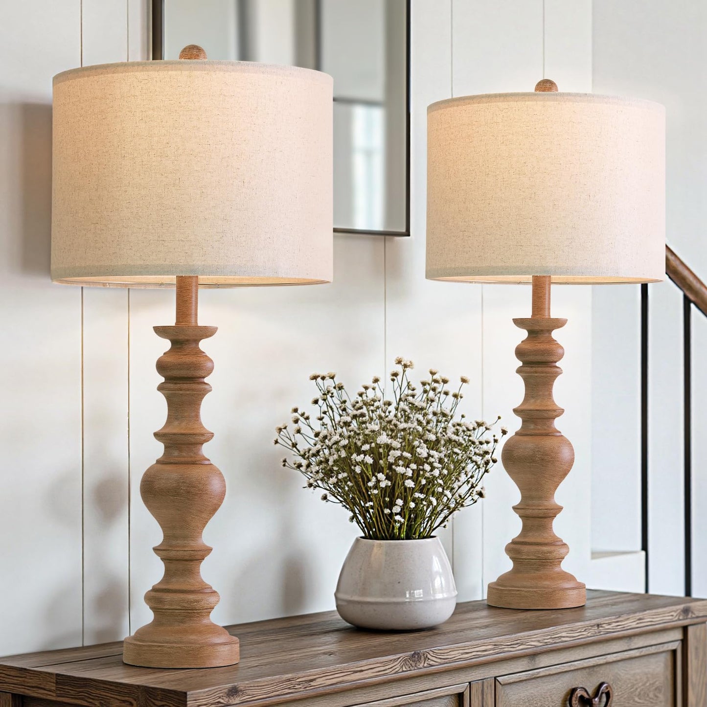 Bobomomo 27  Light Brown Table Lamps Set Of 2  Large Farmhouse Resin Lamps With Linen Shades  Rustic Vintage Lamps For Living Room  Bedroom  Console Table Or Entryway Home Lighting