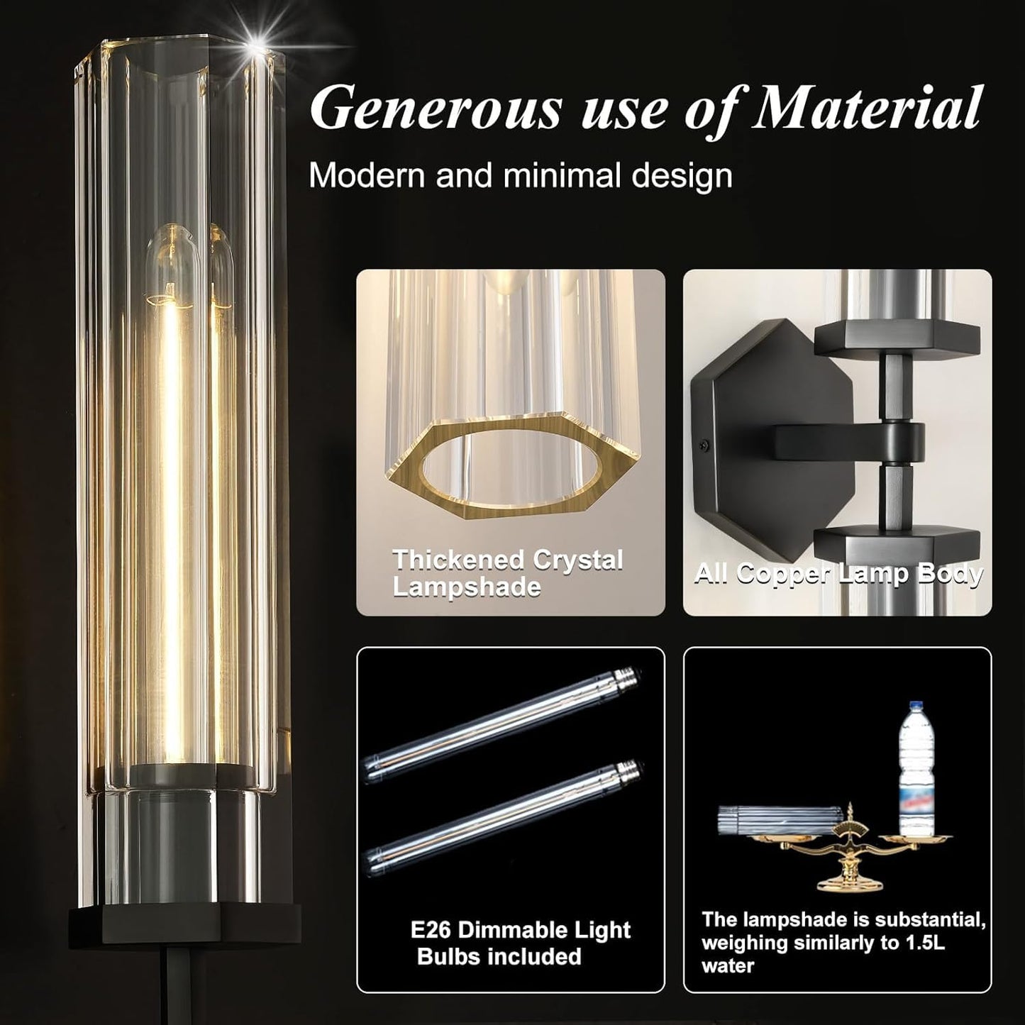 Black Crystal Bathroom Wall Sconces Set Of Two Modern Bathroom Vanity Llight Fixture 28.5In Linear Sconces Wall Lighting Indoor Wall Sconce Light For Bedroom Hallway Staircase Living Room Dining Room