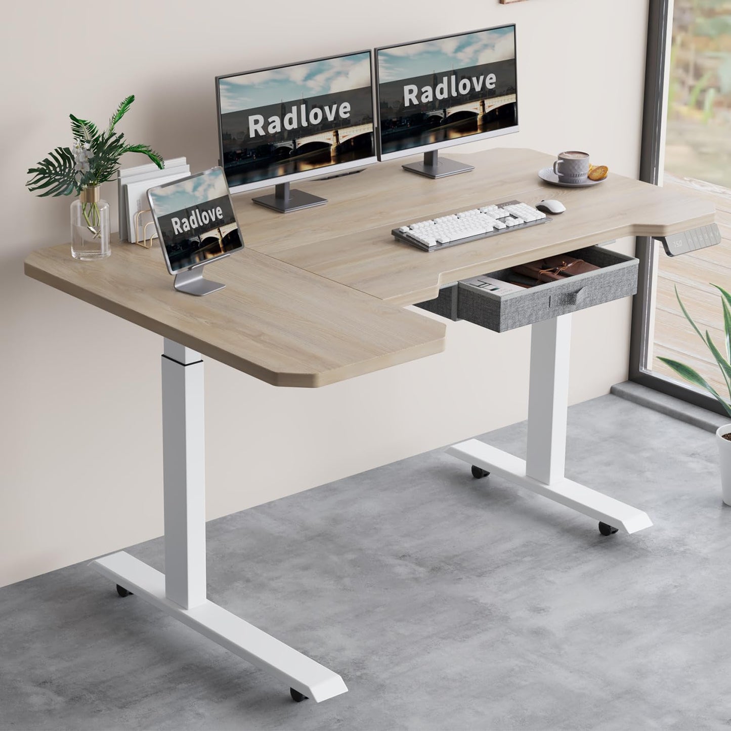 Radlove Dual Motors Height Adjustable 59'' L Shape Electric Standing Desk with Drawer Stand Up Table 4 Memory Keys, Computer Desk with Splice Board Home Office Desk, Oak Top + White Frame