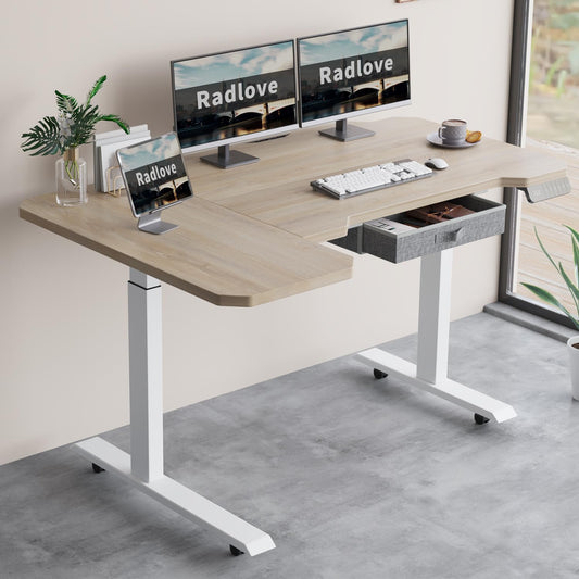 Radlove Dual Motors Height Adjustable 59'' L Shape Electric Standing Desk with Drawer Stand Up Table 4 Memory Keys, Computer Desk with Splice Board Home Office Desk, Oak Top + White Frame