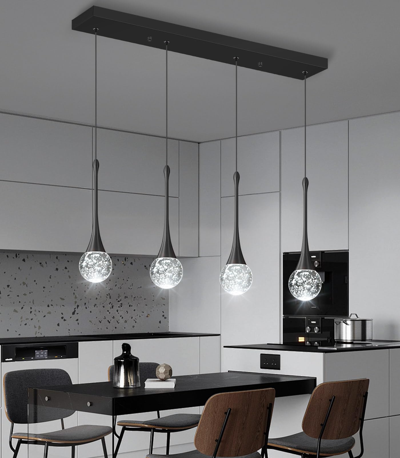 4-Lights Modern Pendant Lights For Kitchen Island Led Dimmable Crystal Glam Ceiling Pendant Lighting Chandelier For Dining Room Hallway Bedroom Black