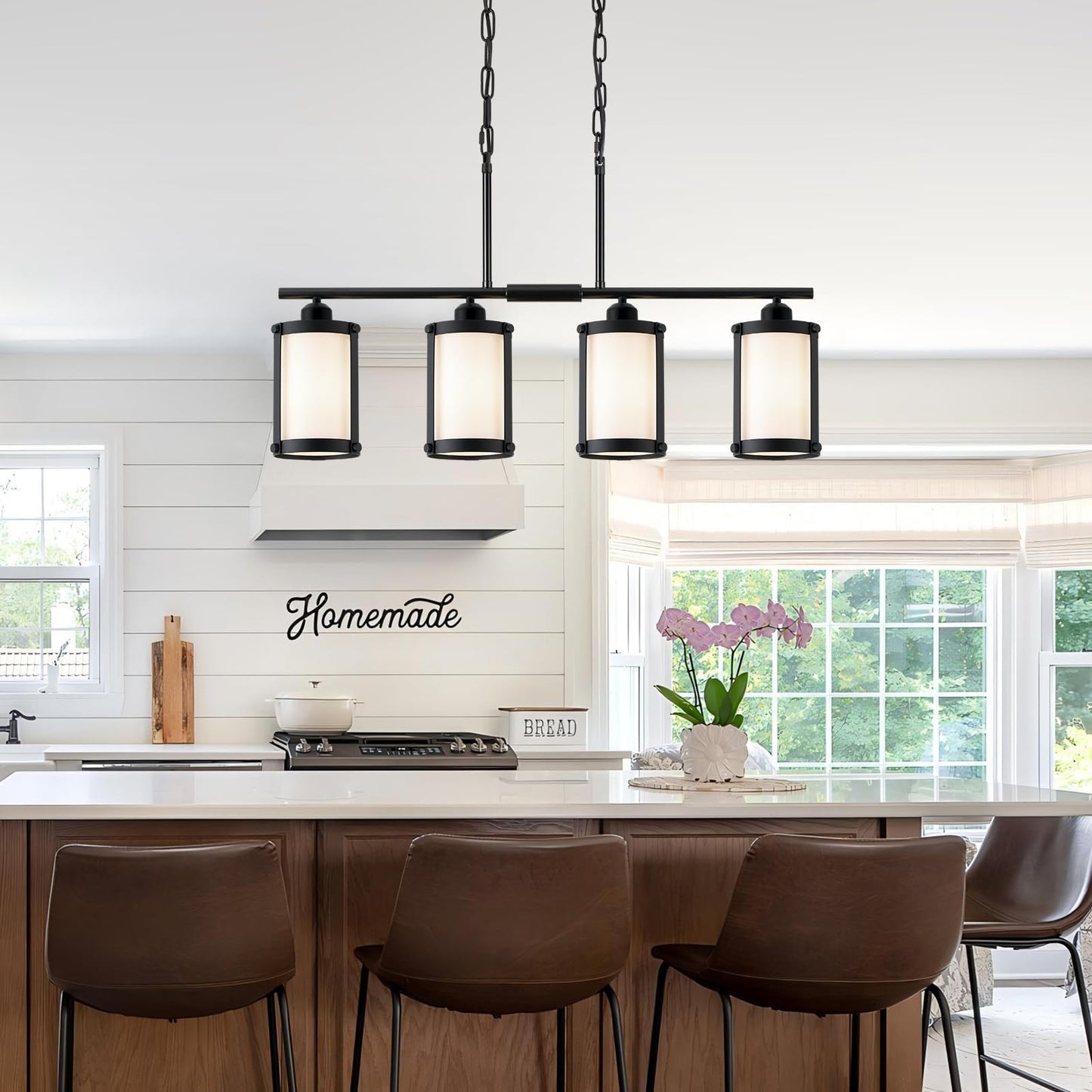 Osimir 4-Light Kitchen Island Lighting  Black Linear Dining Room Light Fixtures With Frosted Glass And Chain  Modern Farmhouse Chandelier Pendant Light For Kitchen Island Dining Room  Os-3014-4Isbkw