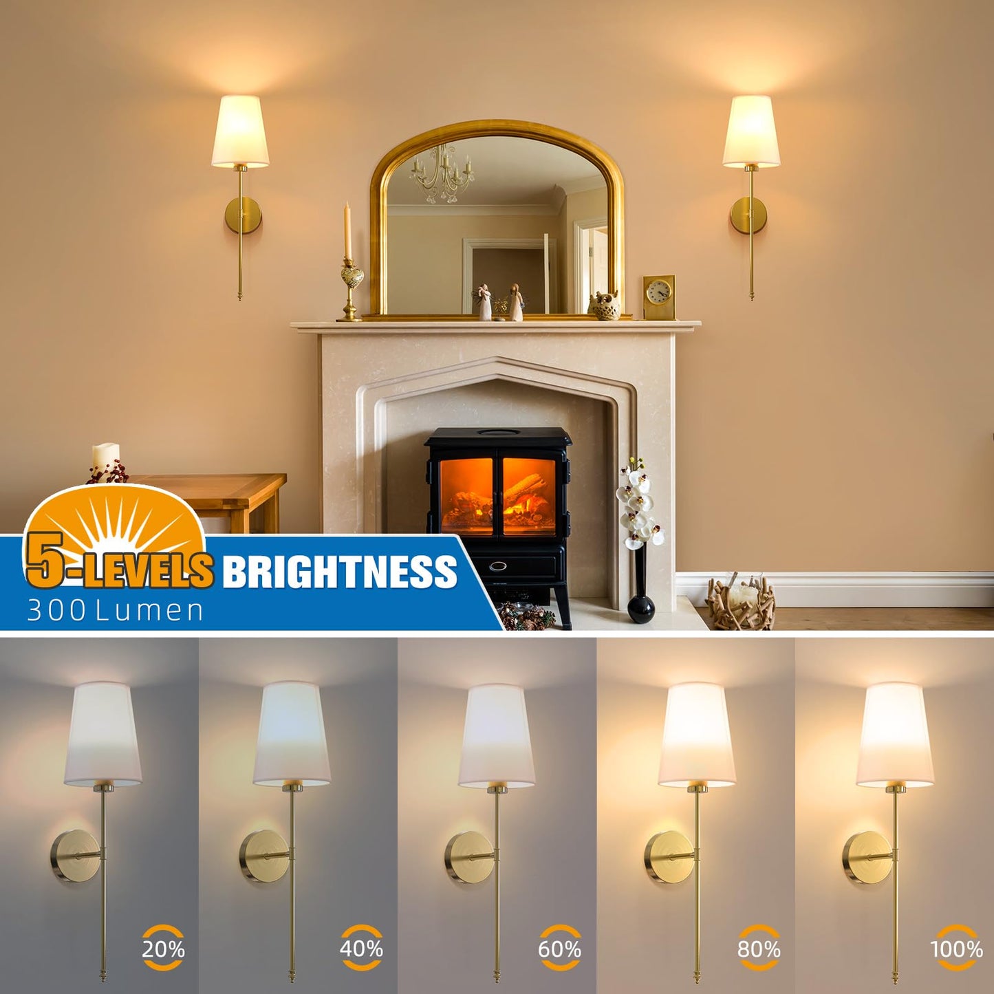 Niorsun 25.4 Inch Battery Operated Wall Sconce Set Of 2 Gold Rechargeable Wall Lights With 5200Mah Dimmable Detachable Bulbs And Remote 9 Colors Wireless Sconces For Bedroom Living Room Hallway