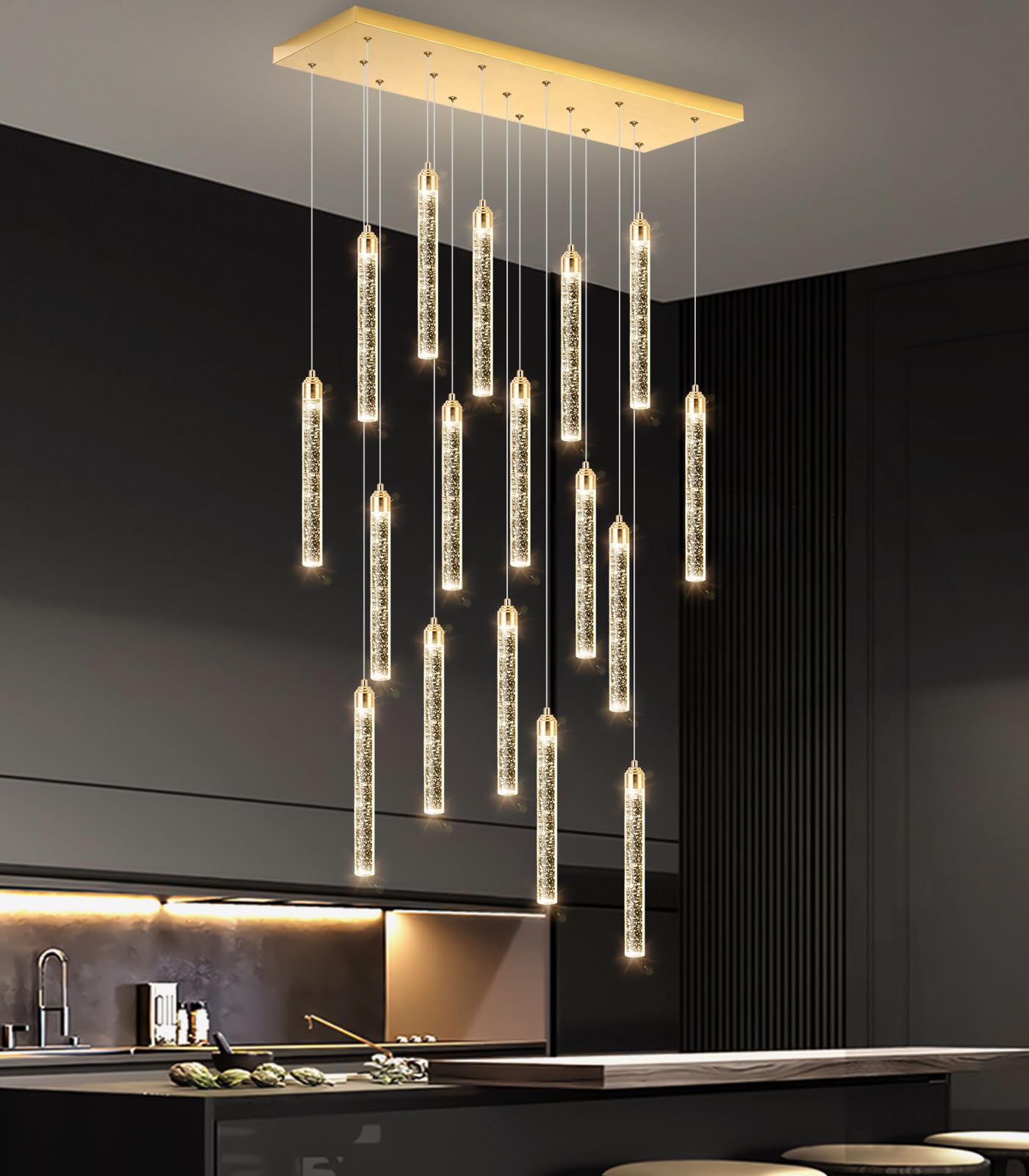 Rectangular Chandeliers 17-Lights Long Light For Entryway Led Dimmable Chandeliers Lighting Fixture Flat Sloped High Ceiling Pendant Lights Crystal For Living Room Foyer Hallway Staircase Gold