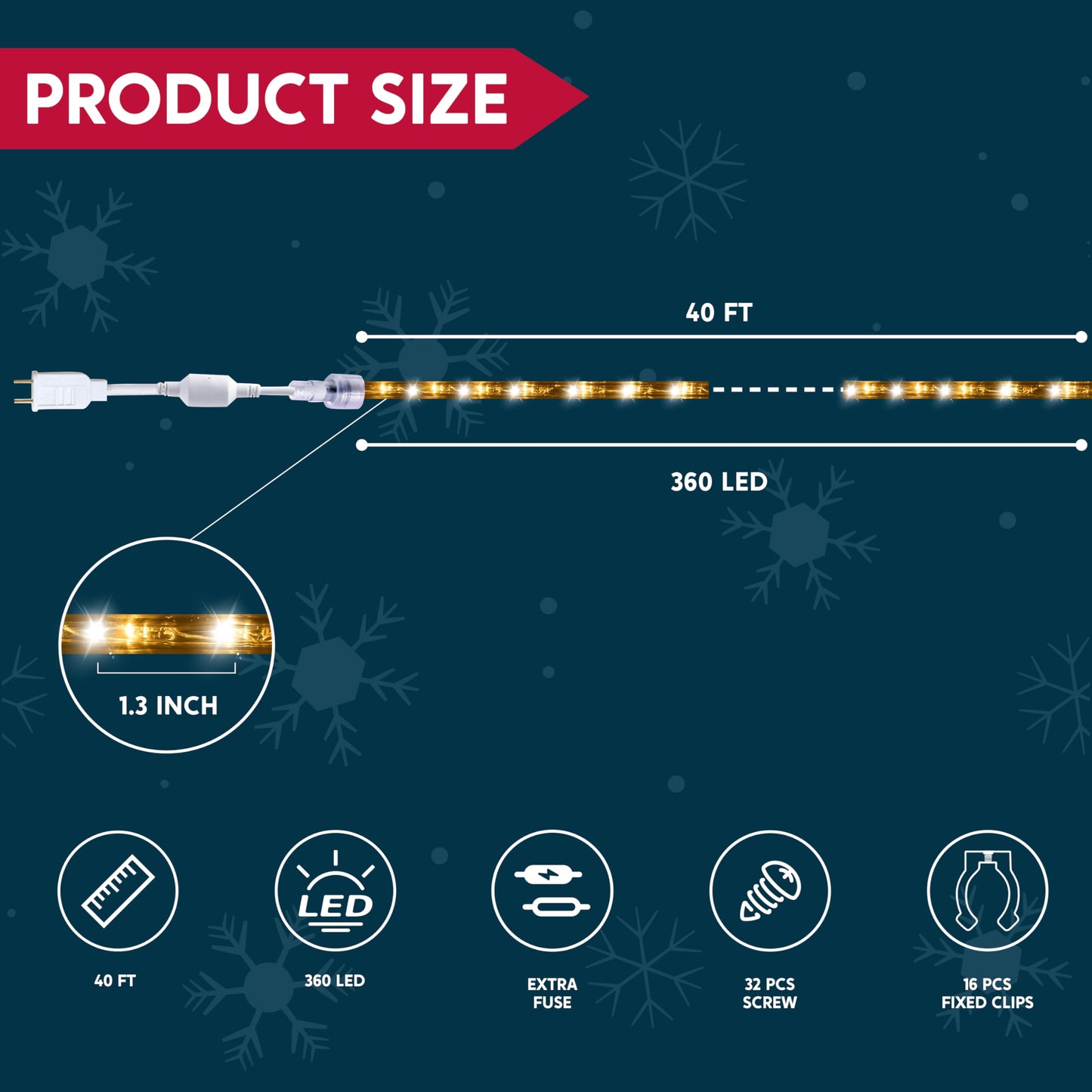 Joiedomi 40Ft Led Candy Cane Rope Lights  Waterproof Outdoor 360 Led Christmas Decor Lights For Garden Yard Party Xmas Christmas Holiday Decorations (Warm White)