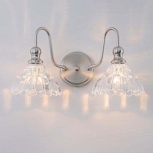 Brknit Vintage Bathroom Light Fixtures Over Mirror  2-Light Brushed Nickel Wall Sconce Lighting With Flower Glass Shade  Farmhouse Vanity Lights For Bedroom Kitchen Living Room Hallway Light