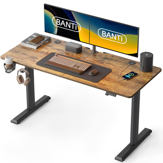 BANTI 55"x24" Standing Desk, Electric Stand up Height Adjustable Home Office Table, Sit Stand Desk with Splice Board, Black Frame & Rustic Brown Top