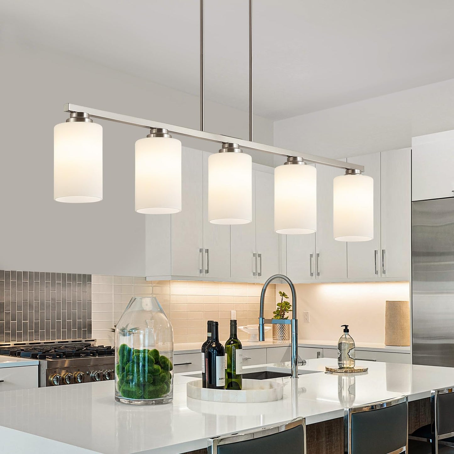 Mecgirn Island Light For Kitchen  Brushed Nickel Dining Room Light Fixture Over Table With Milk Glass Shade  5-Light Linear Chandelier Pendant Lighting For Dining Table Kitchen Island Living Room