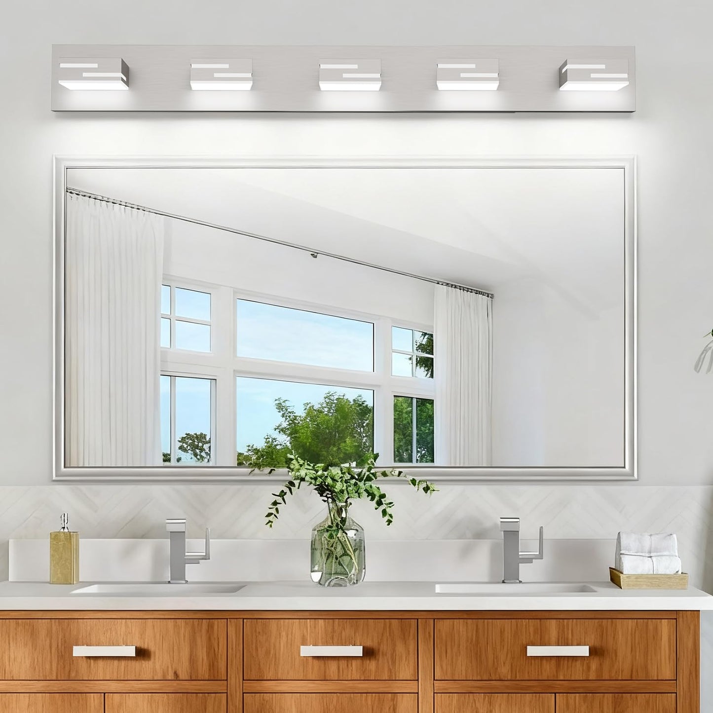 Lkhf Led Modern Bathroom Vanity Light Fixtures  5-Light 34-Inch Dimmable Brushed Nickel Vanity Lights For Bathroom Lighting Fixtures Over Mirror  With 350?Rotatable Acrylic Heads (Cool White 6000K)