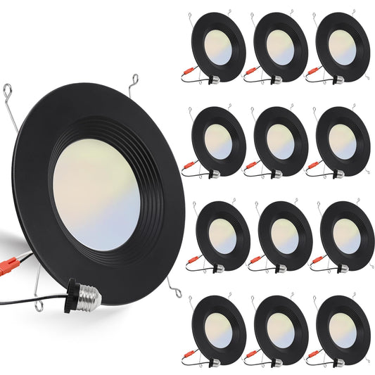 12 Pack 5/6 Inch 5Cct Black Led Recessed Lighting Retrofit  2700K/3000K/4000K/5000K/6500K Selectable  Dimmable Can Lights With Baffle Trim  12W=150W  High Brightness 1000Lm  Wet Rated  Etl Certified