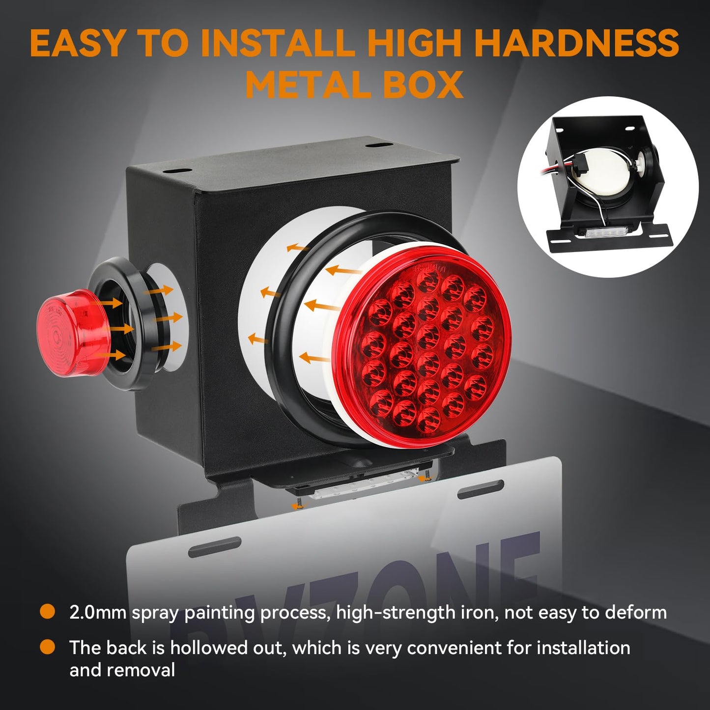 Rvzone 12V Square Led Trailer Light Steel Boxes Housing Kit  2Pcs Ip67 Red Waterproof Stop Brake Turn Lights With 4In Round Tail Lights 2 In Round Side Marker Light 6Led License Plate Lighting