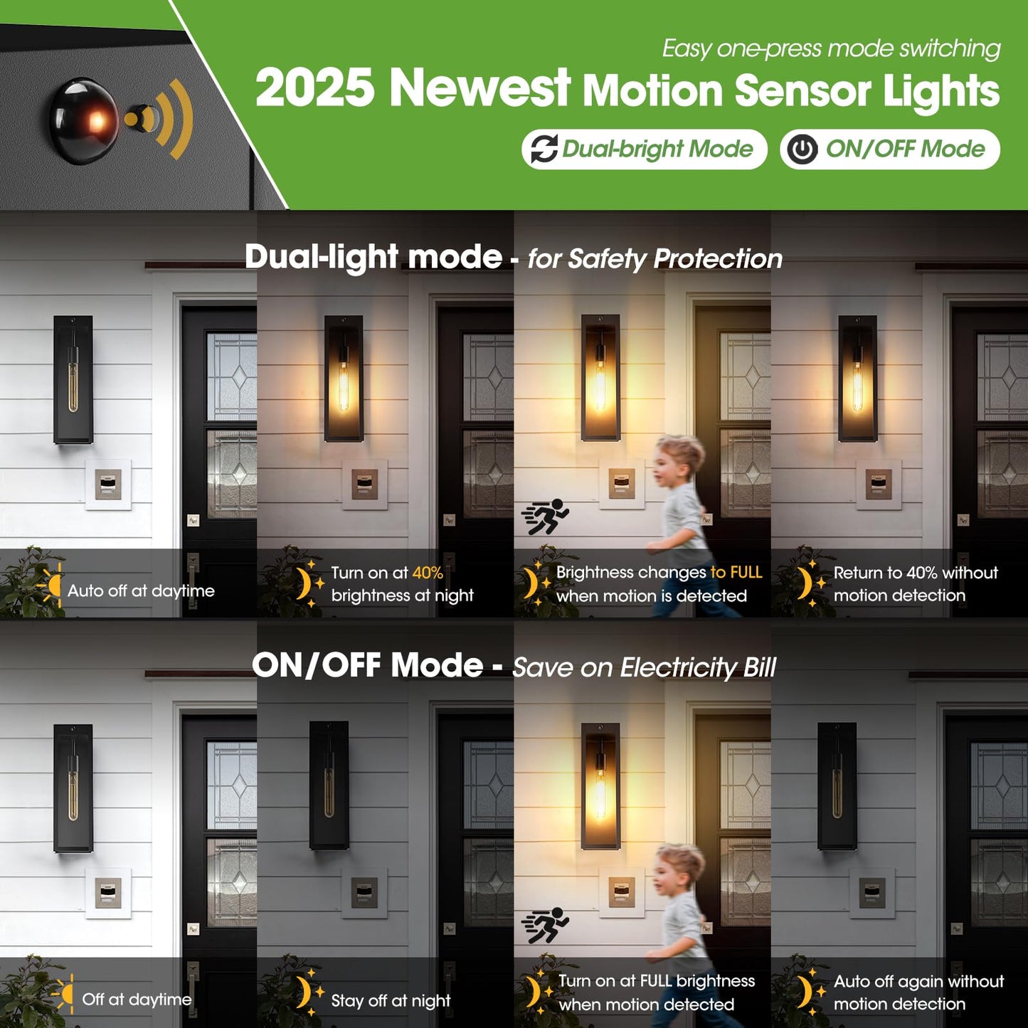 Criry 15.3 Large Motion Sensor Outdoor Wall Lights 2Pack  Dusk To Dawn Porch Lights Outdoor Wall Sconces 3 Lighting Modes Black Exterior Lighting Fixtures For House Garage Bulb Not Included