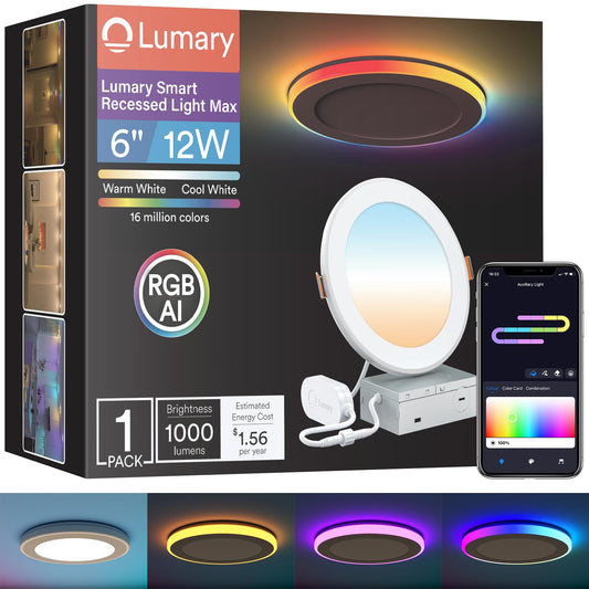 Lumary Rgbai Smart Recessed Lighting 6 Inch With Gradient Accent And Night Ring  12W 1000Lm Wi-Fi Led Recessed Lights  Led Downlight Compatible With Alexa/Google Assistant/Siri  1Pcs