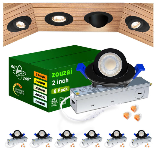 Zouzai 2 Inch 5Cct Gimbal Black Led Recessed Lighting With Junction Box  360+90 Adjustable Led Recessed Lights  2700K/3000K/3500K/4000K/5000K  5W Eqv 50W  550Lm Brightness - Etl (Black  6 Pack)