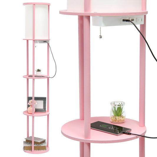 Simple Designs LF2010-LPK Round Shelf Etagere Floor Lamp with USB Ports, Light Pink